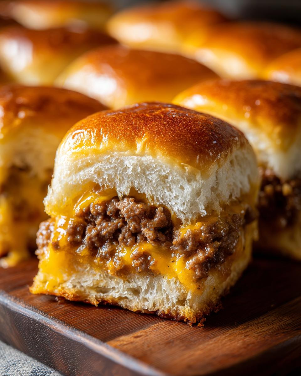 A close-up shot showing the cross-section of one of the delicious cheeseburger sliders, filled with seasoned ground beef and melted cheddar cheese.