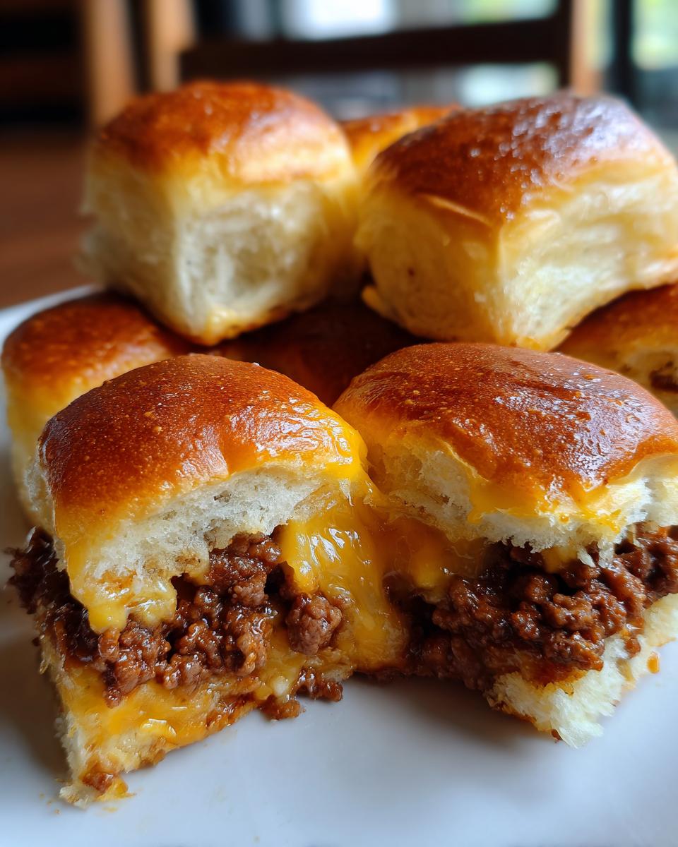 Close-up of two halves of a cheeseburger slider showing ground beef filling and gooey melted cheese.