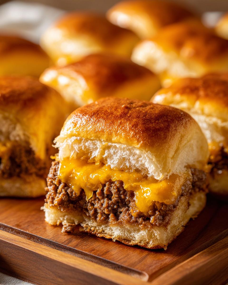 A close-up of one delicious cheeseburger slider cut in half, showing ground beef filling and melted cheddar cheese, with more cheeseburger sliders blurred in the background.