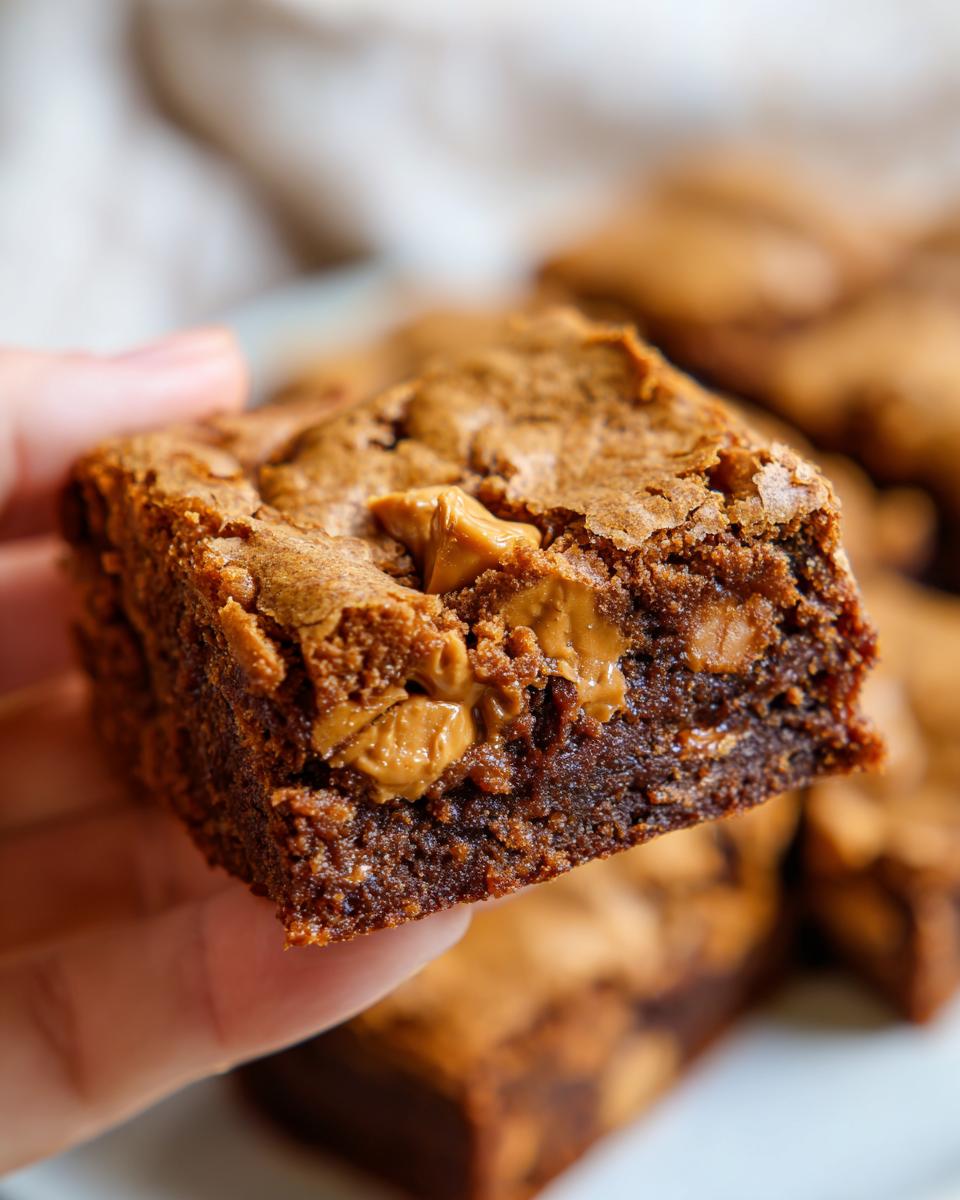 A hand holding a square of rich, fudgy butterscotch brownies with melted butterscotch chips visible.