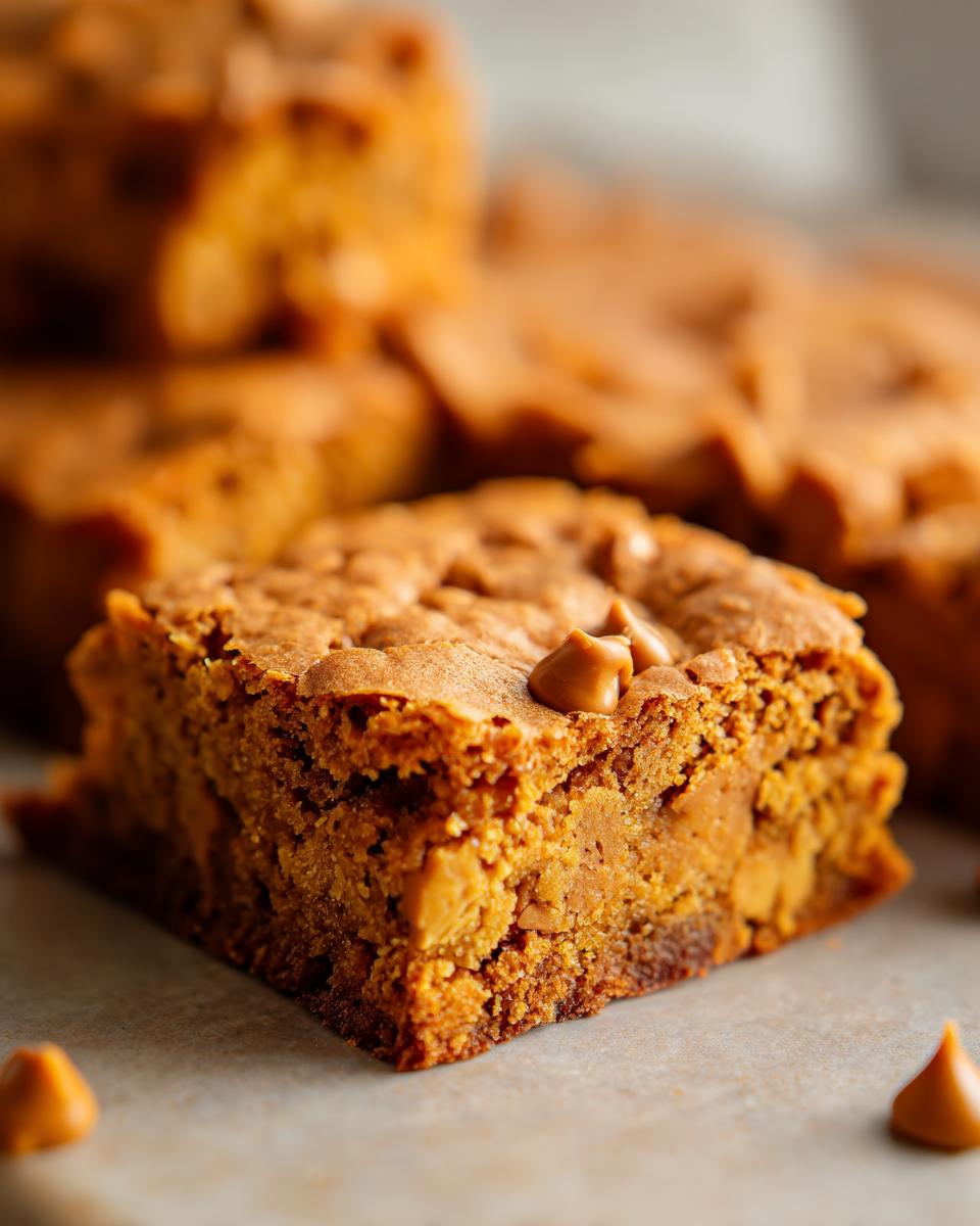 A close-up, macro shot of a single, rich, chewy butterscotch brownies square topped with melted butterscotch chips.