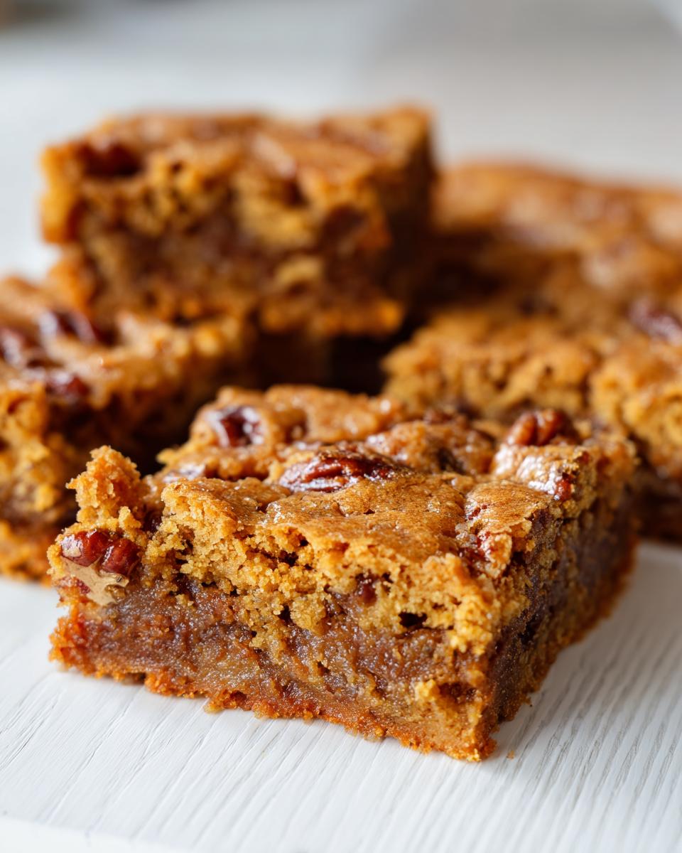 A close-up shot of a rich, chewy square of pecan blondies showing a gooey bottom layer and pecans baked into the top.