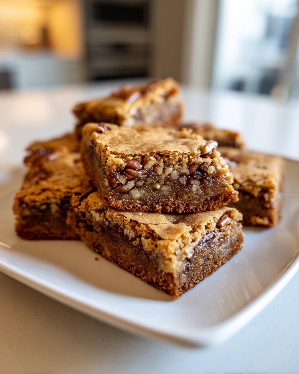 A stack of rich, chewy pecan blondies with a gooey pecan topping, served on a white square plate.