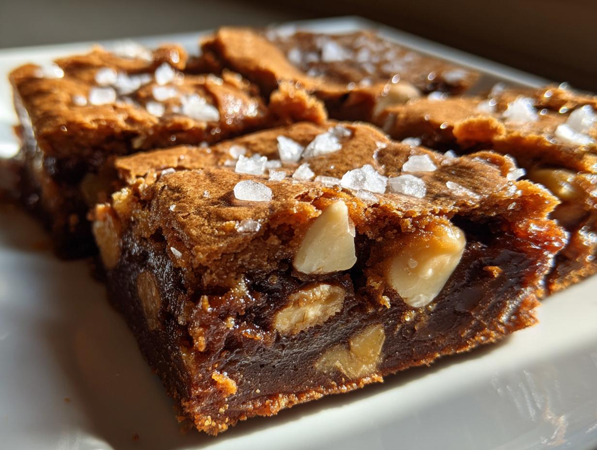 Close-up of a rich, chewy piece of white chocolate blondies, studded with nuts and topped with flaky sea salt.