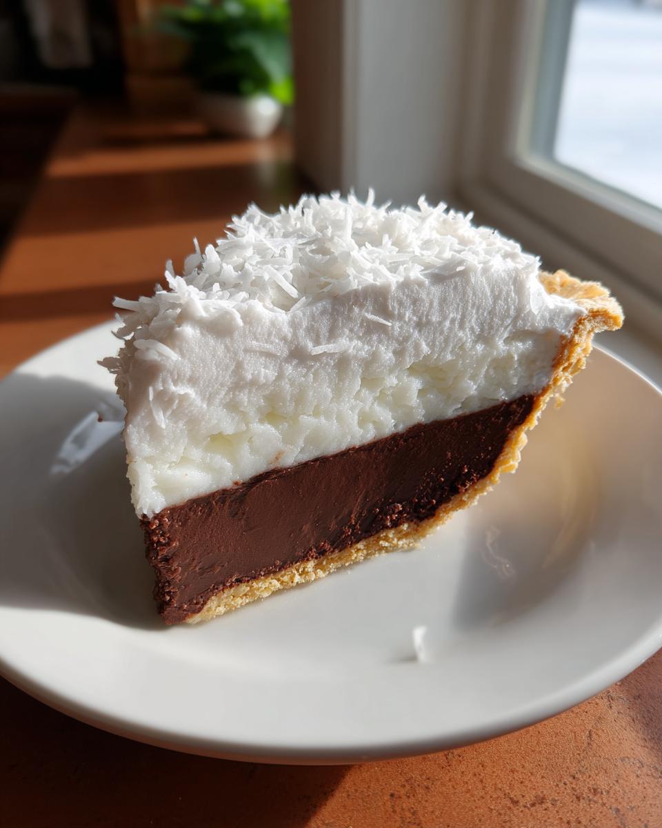 A perfect slice of Chocolate Haupia Pie showing rich chocolate filling and white haupia layer topped with shredded coconut.