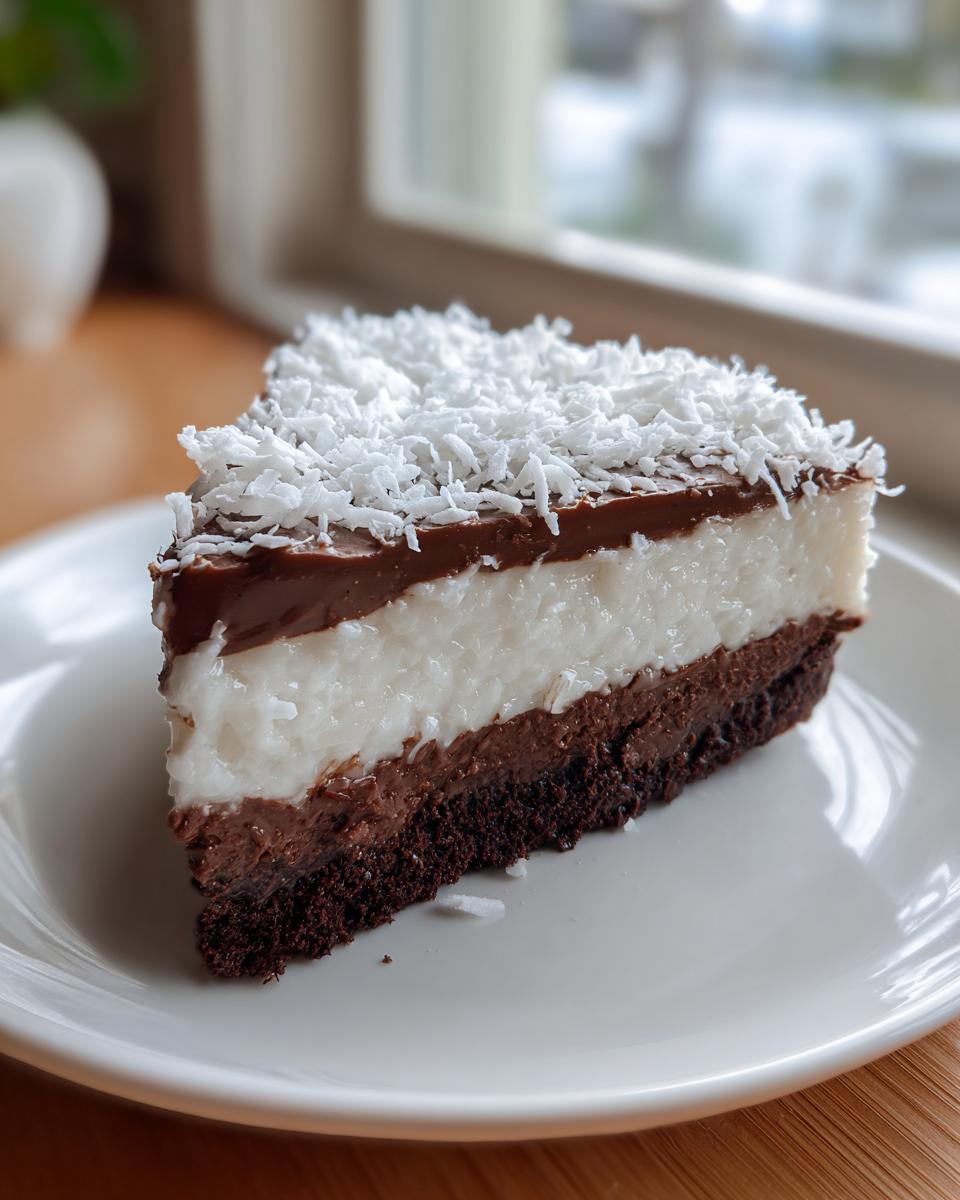 A single slice of layered Chocolate haupia pie featuring a dark crust, white coconut filling, chocolate topping, and shredded coconut.