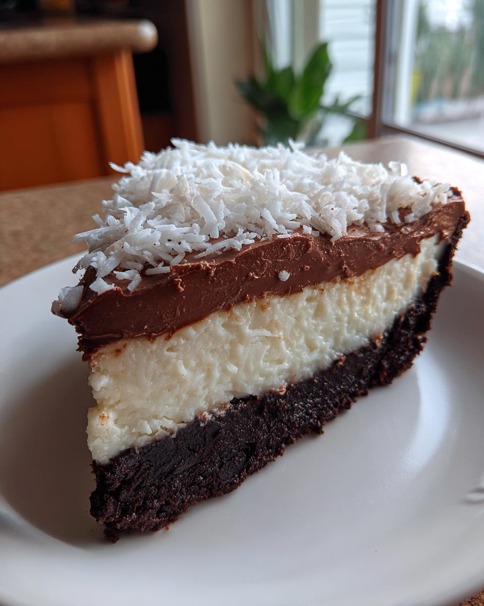 A perfect slice of Chocolate haupia pie showing three distinct layers: dark chocolate crust, white haupia filling, and chocolate topping dusted with shredded coconut.