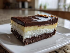 A layered slice of Chocolate haupia pie showing a dark chocolate top, yellow custard, white coconut layer, and chocolate crust.