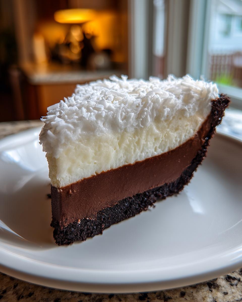 A perfect slice of Chocolate Haupia Pie showing distinct layers of dark crust, chocolate filling, white haupia, and shredded coconut.