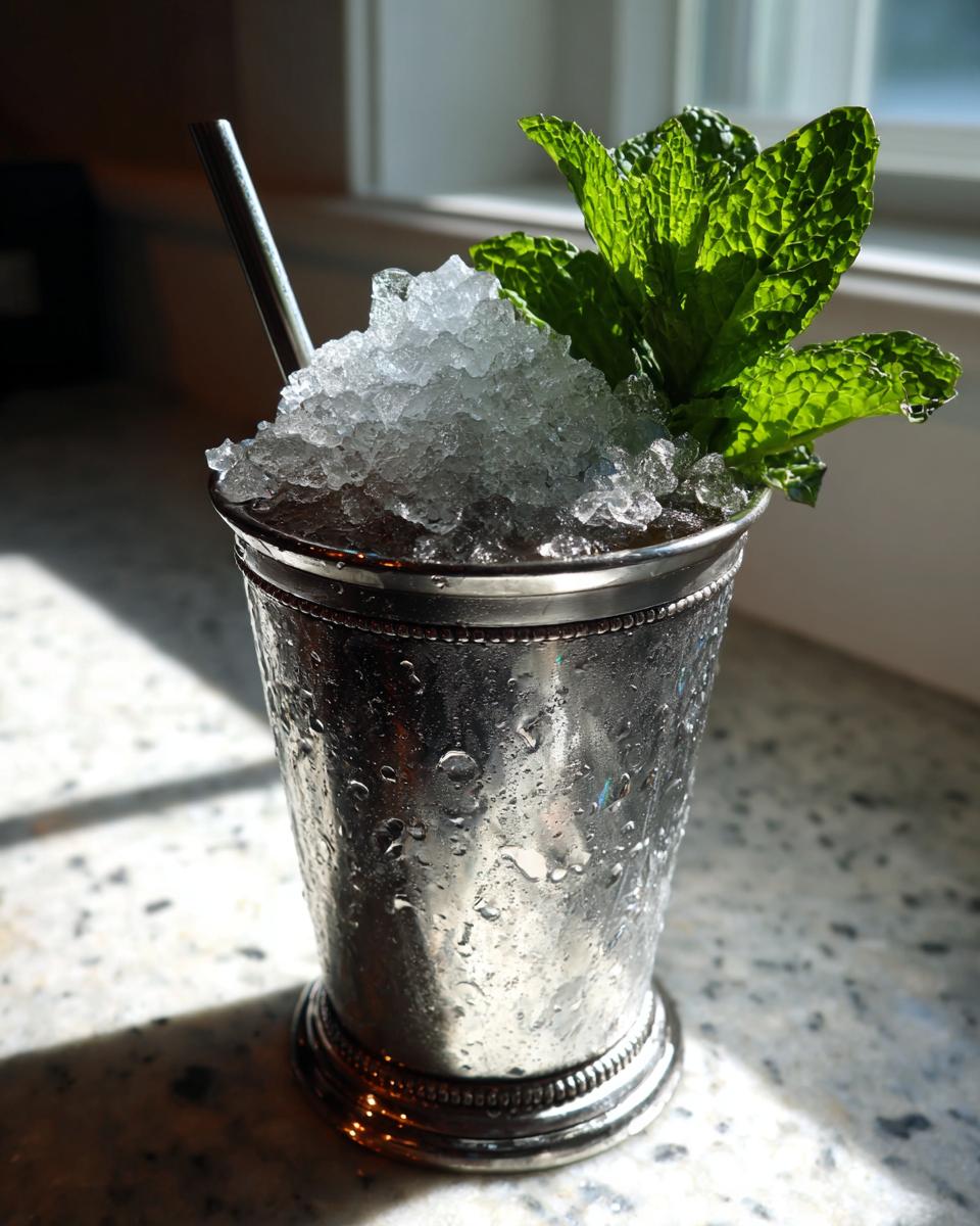 A classic Mint Julep cocktail served in a frosted silver cup, topped with crushed ice and fresh mint.