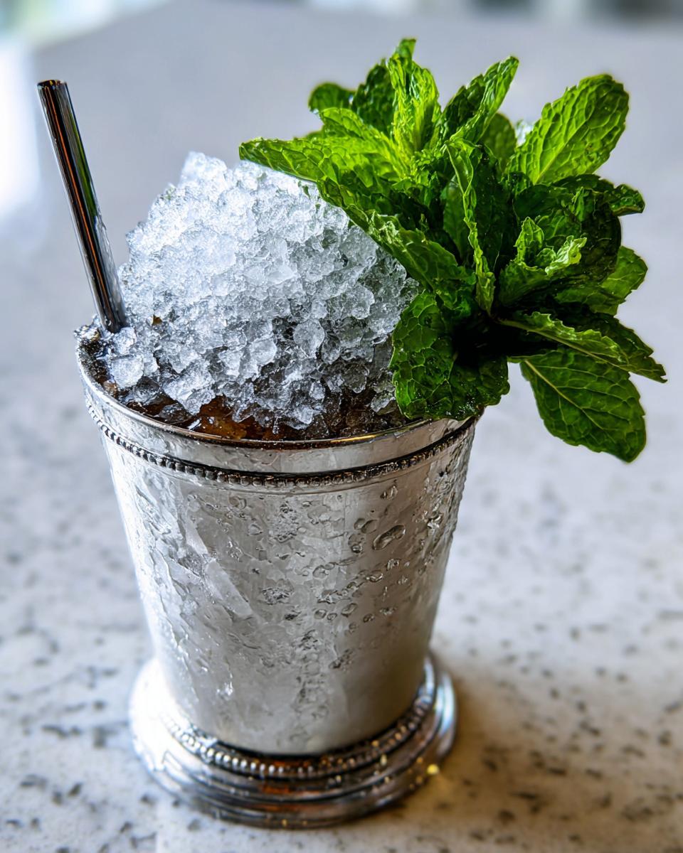 A classic Mint Julep served in a frosted silver cup, topped with crushed ice and a large bouquet of fresh mint.