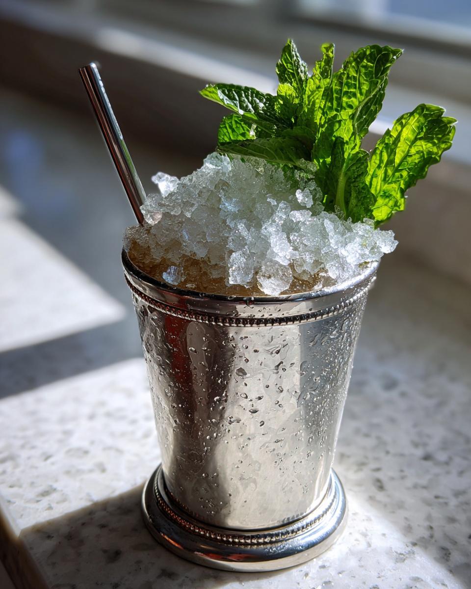 A classic Mint Julep cocktail served in a frosted silver julep cup, topped with crushed ice and fresh mint.