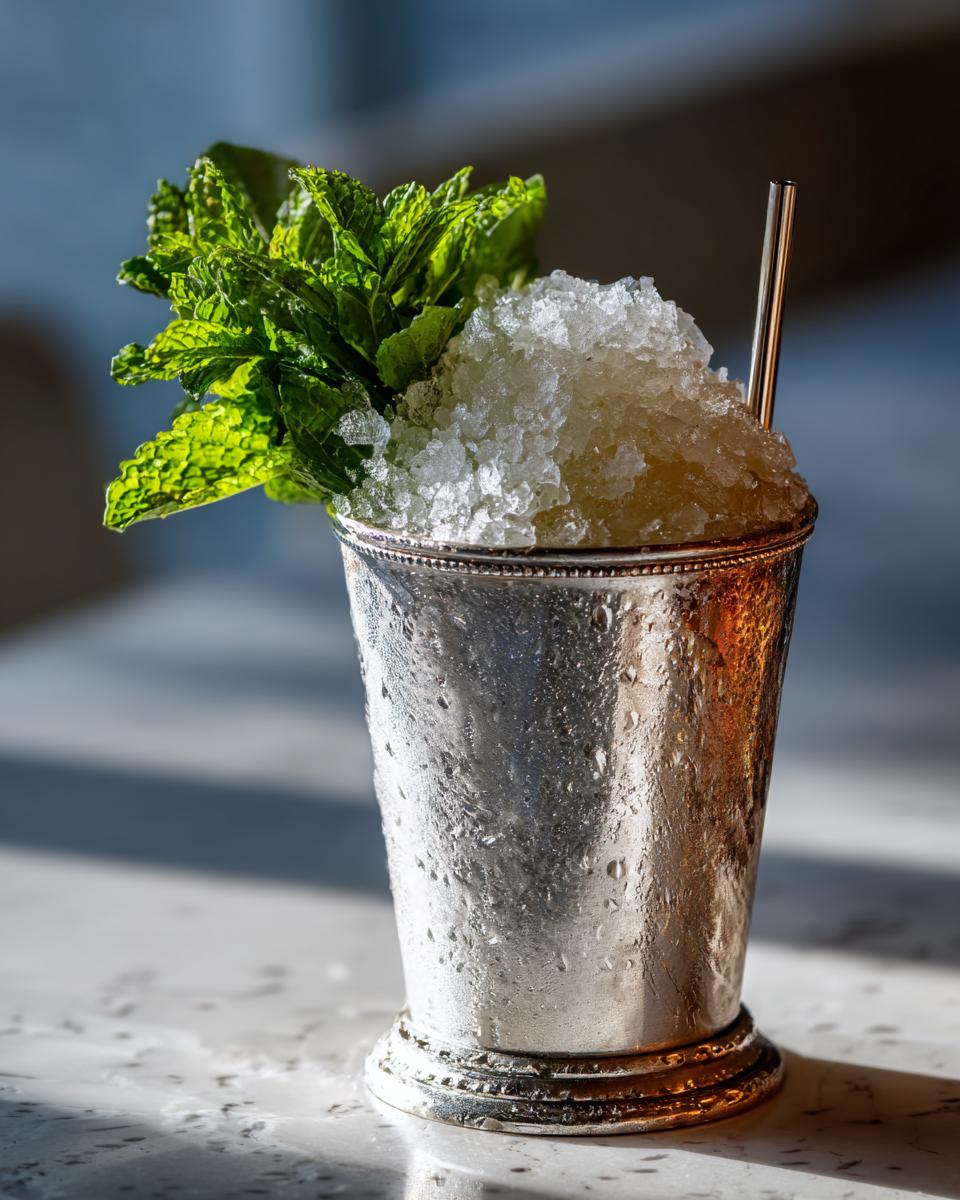 Close-up of a classic Mint Julep cocktail in a frosted silver cup, topped with crushed ice and fresh mint.
