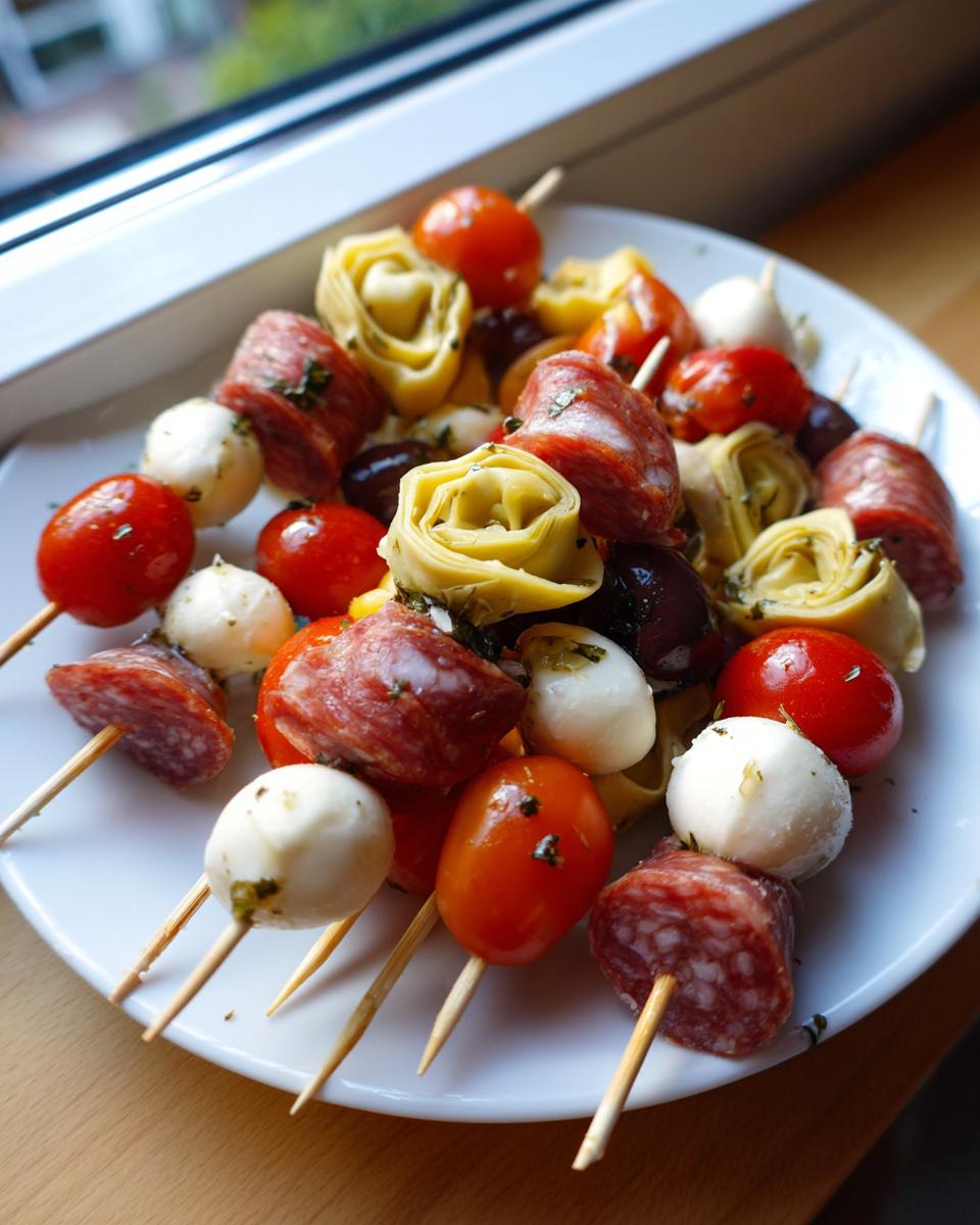 Several colorful antipasto skewers featuring salami, cherry tomatoes, mozzarella balls, olives, and marinated artichoke hearts on a white plate.