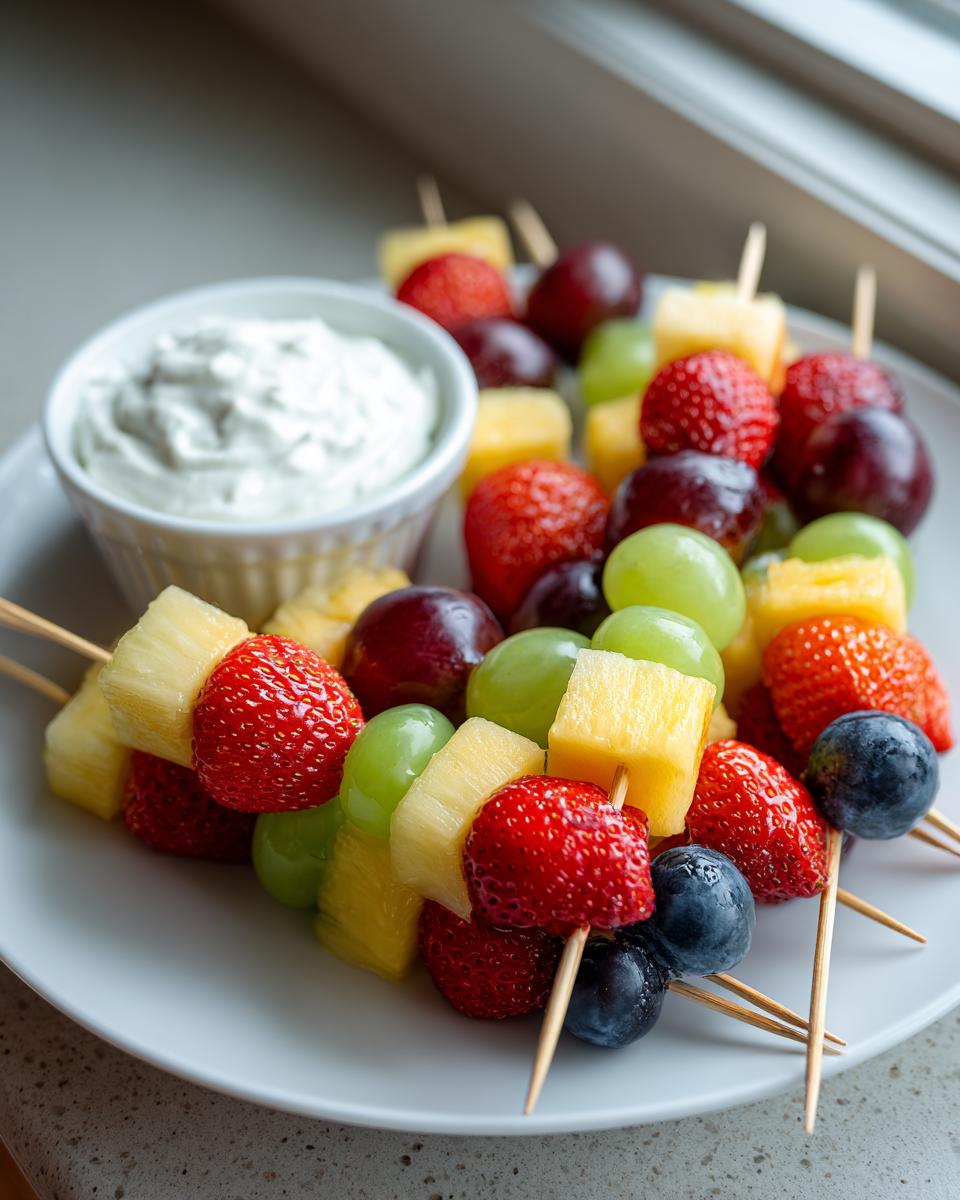 Close-up of colorful fruit skewers featuring strawberries, pineapple, grapes, and blueberries, served with a white dip.