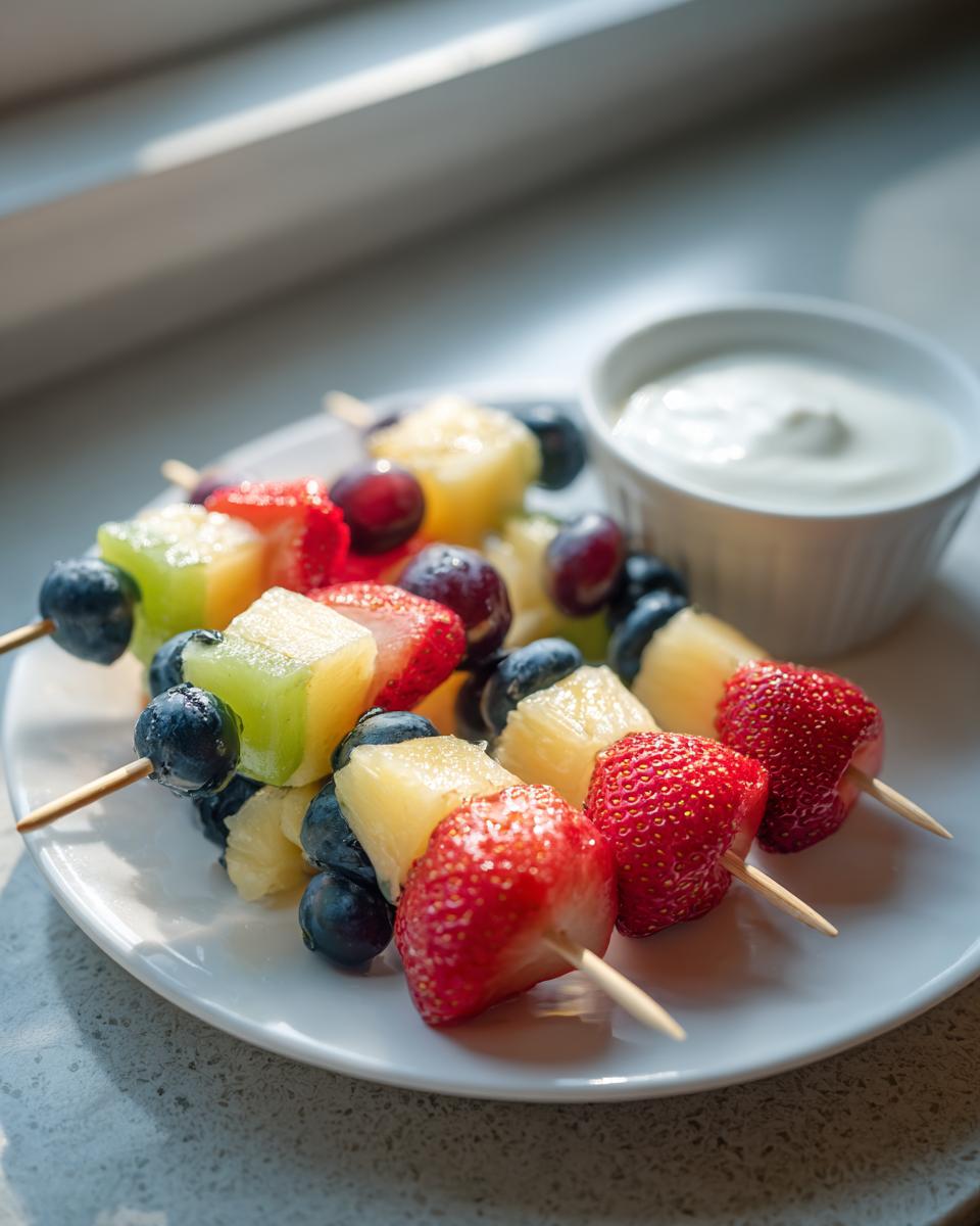 Close-up of colorful fruit skewers featuring strawberries, pineapple, blueberries, and grapes, served with a side of yogurt dip.