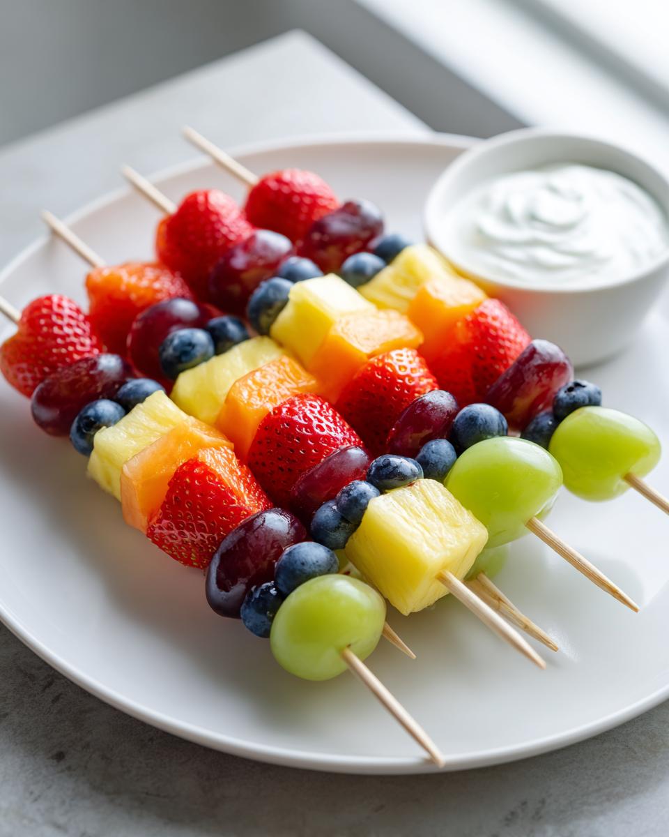 Three colorful fruit skewers loaded with strawberries, pineapple, grapes, and blueberries, served with a side of yogurt dip.