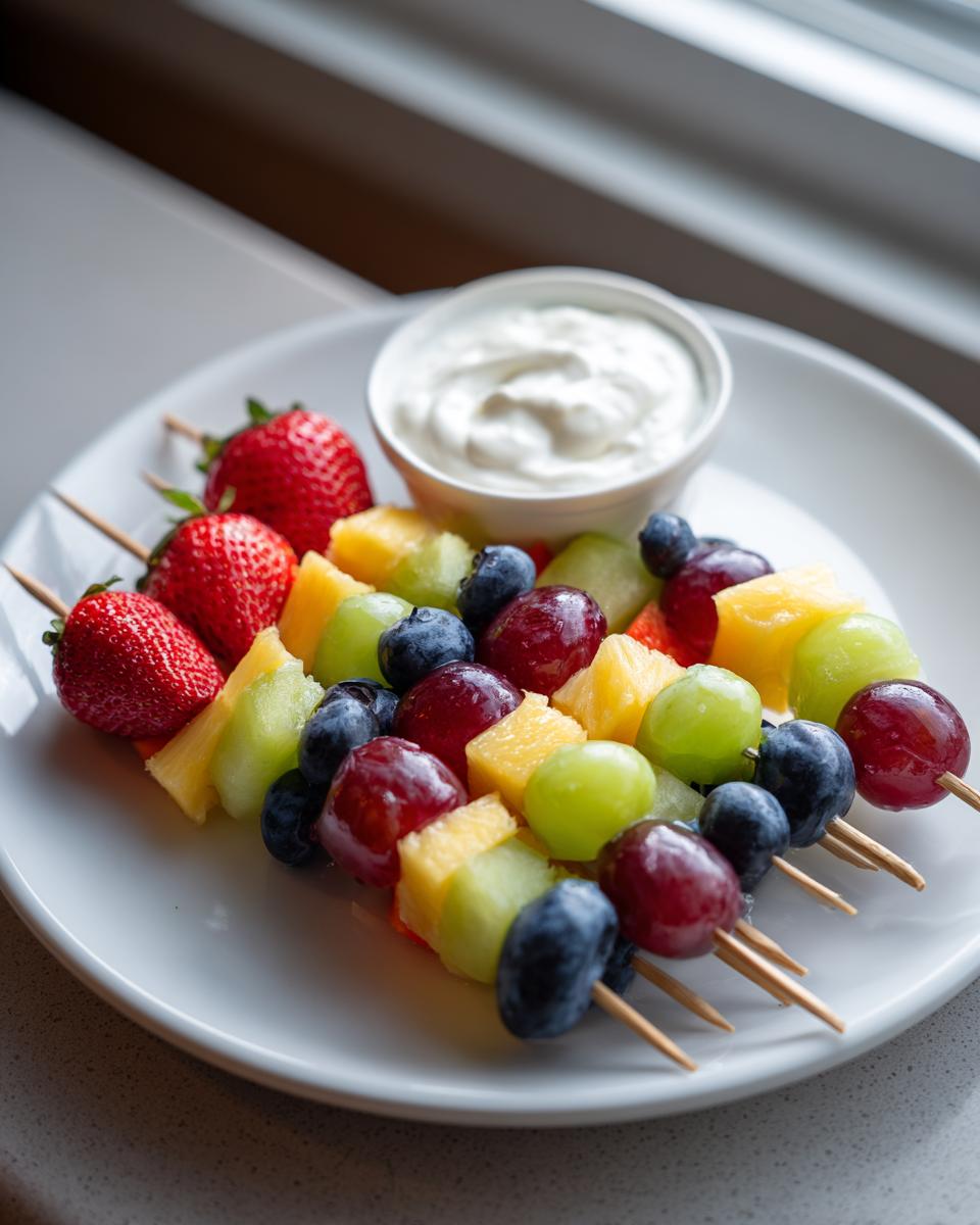 Three colorful fruit skewers loaded with strawberries, pineapple, grapes, and blueberries, served with a side of yogurt dip.