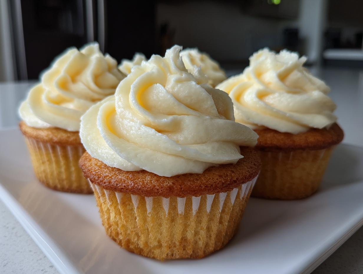 Three delicious lemon cupcakes topped with tall swirls of creamy, pale yellow frosting, presented on a white platter.