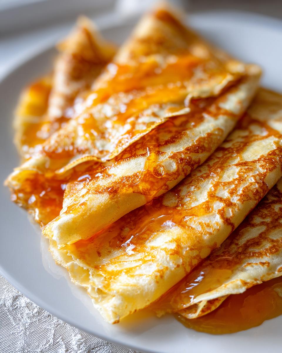 Close-up of folded Crepes Suzette stacked on a white plate, generously covered in glossy orange sauce.
