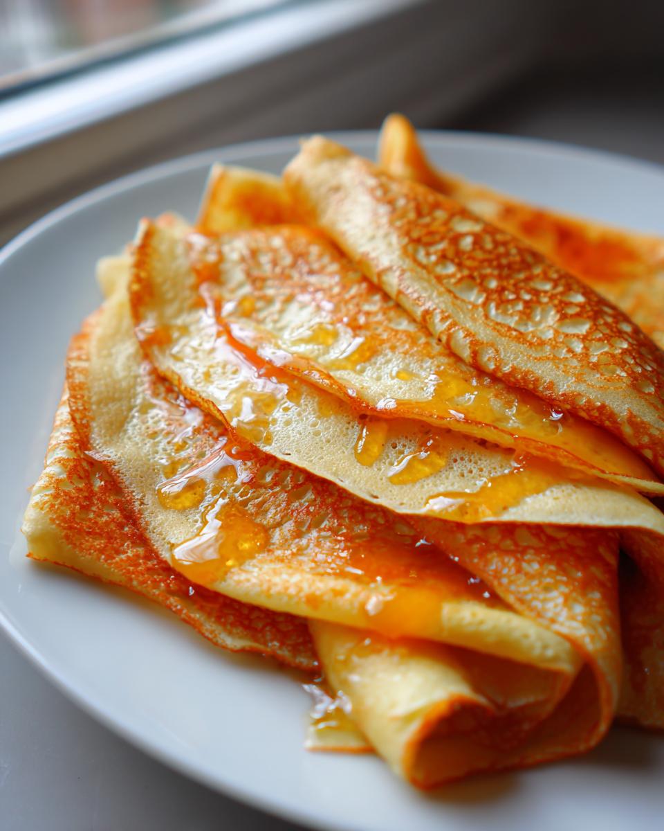 Close-up of folded Crepes Suzette stacked on a white plate, glistening with orange sauce.