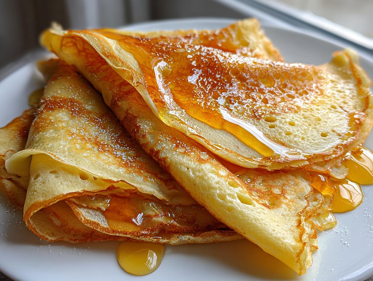 Close-up of folded Crepes Suzette on a white plate, generously drizzled with golden syrup and dusted with powdered sugar.