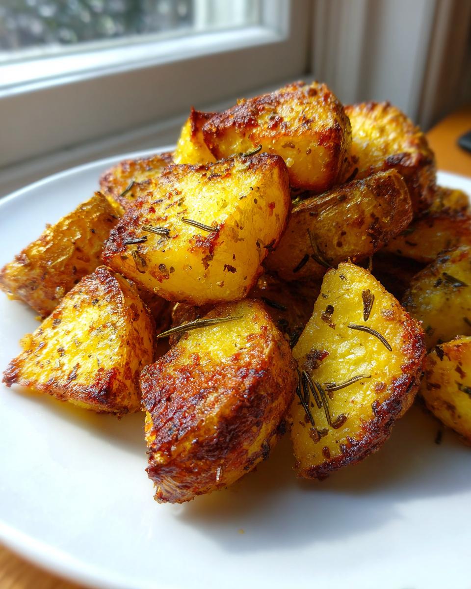Close-up of golden brown, crispy Garlic roasted potatoes seasoned with rosemary, piled on a white plate.