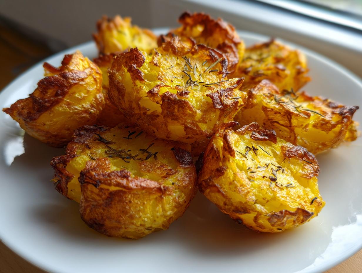 A close-up of several crispy, golden-yellow garlic roasted potatoes seasoned with dried rosemary on a white plate.