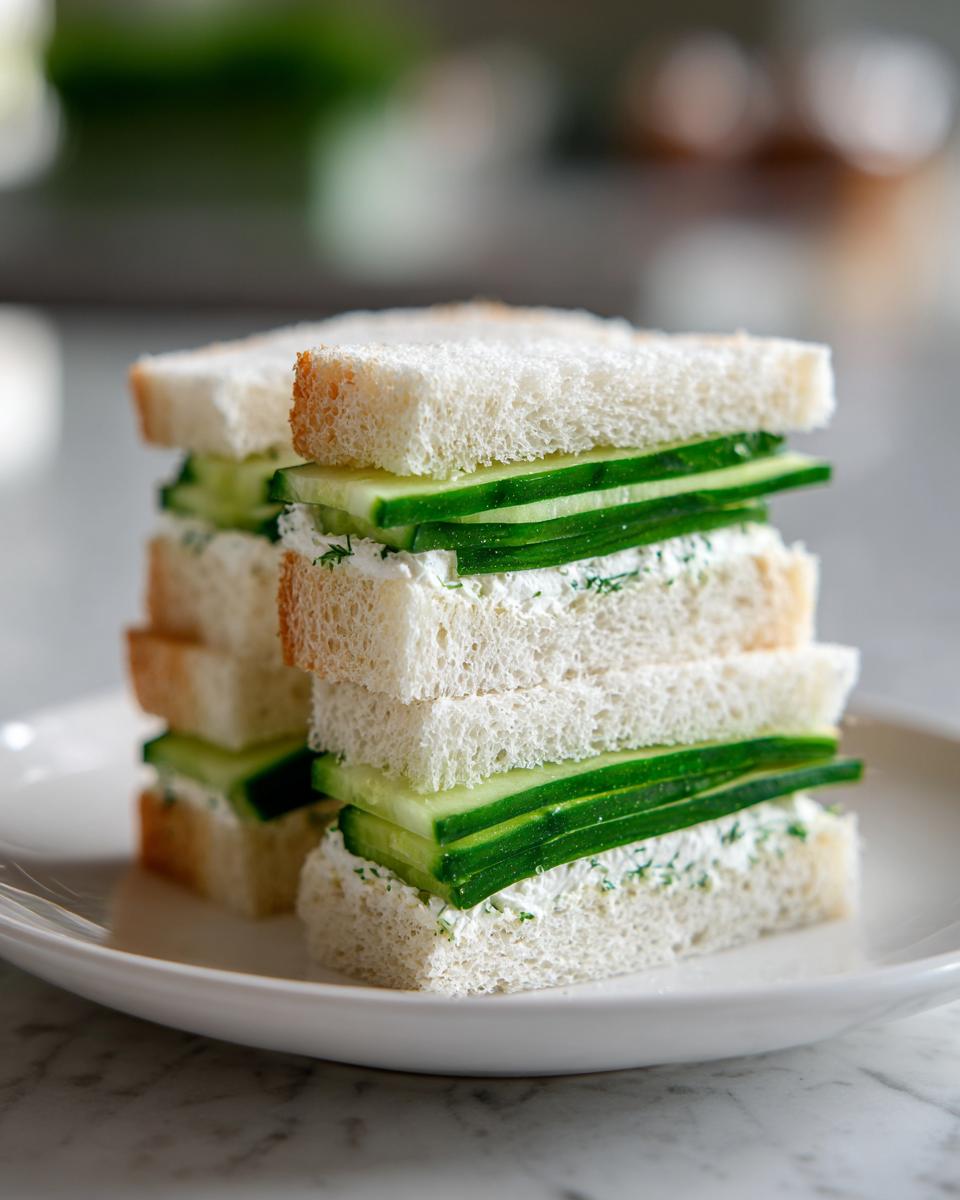 A stack of four crustless cucumber tea sandwiches layered with cream cheese spread and thin cucumber slices.