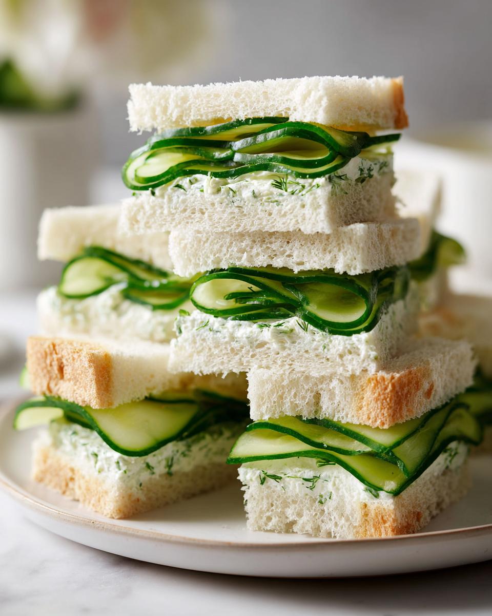 A stack of delicate cucumber tea sandwiches made with white bread, cream cheese spread, and thinly sliced cucumbers.