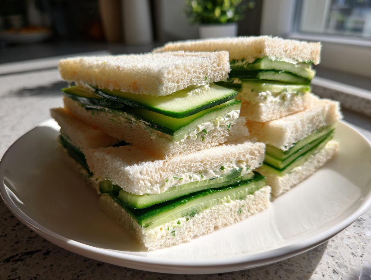 A stack of crustless cucumber tea sandwiches filled with thin cucumber slices and cream cheese on a white plate.