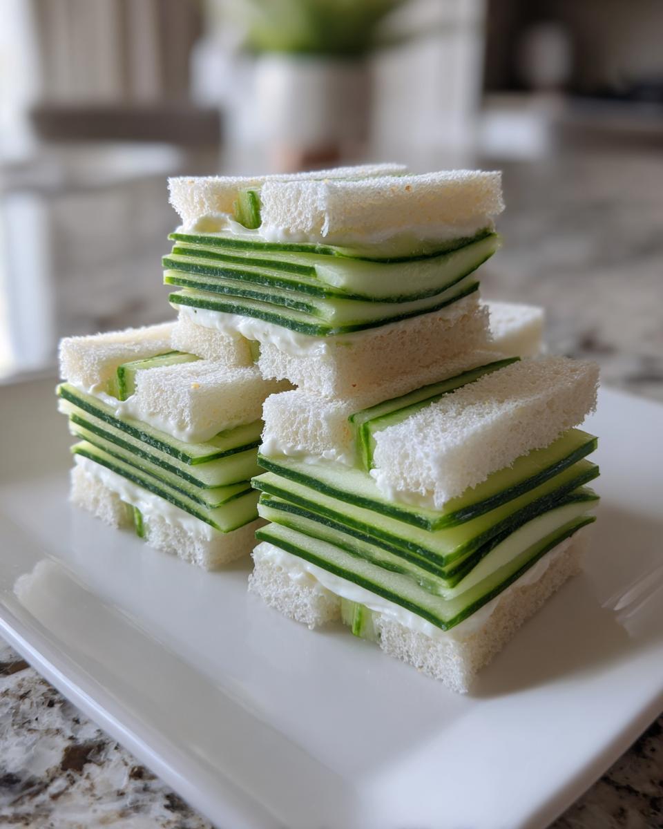 A stack of three perfectly layered cucumber tea sandwiches featuring thinly sliced cucumber and cream cheese on white bread.