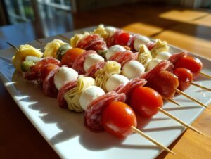 Close-up of several arranged Antipasto skewers featuring cherry tomatoes, salami, mozzarella balls, and marinated artichoke hearts.