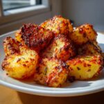 Close-up of perfectly crispy, golden brown garlic roasted potatoes seasoned with herbs.