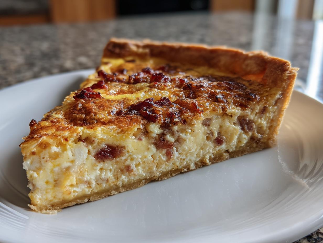 A close-up of a golden slice of Quiche Lorraine with a creamy filling and crispy bacon on top, served on a white plate.