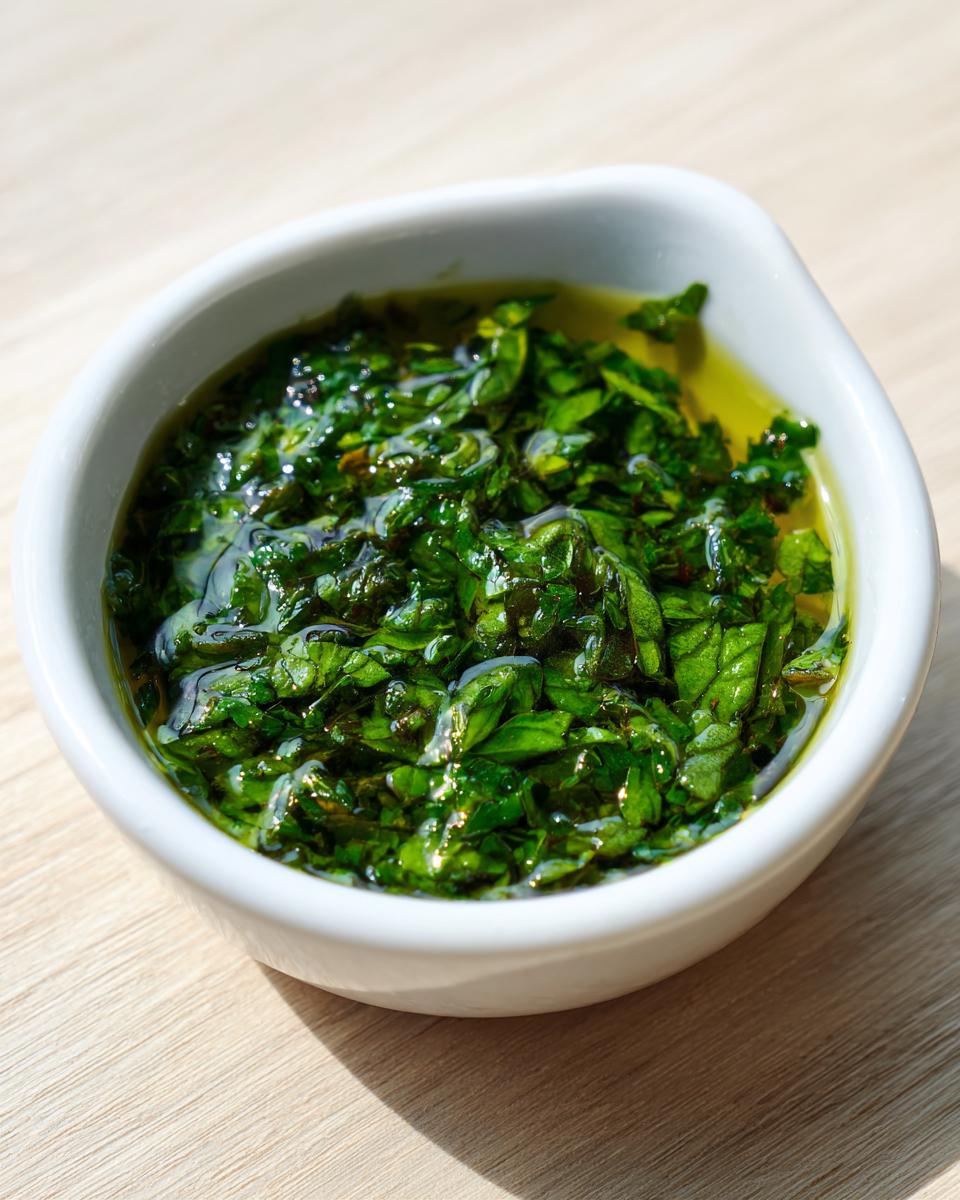 A close-up of vibrant green, chopped herbs swimming in liquid, clearly showing the texture of homemade mint sauce.