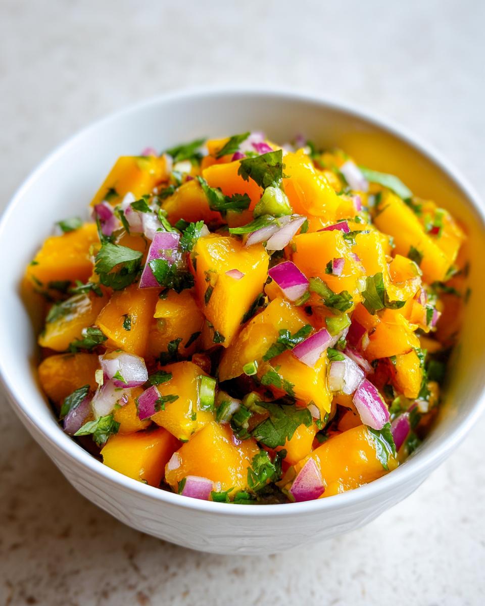 Close-up of bright, chunky Mango Salsa featuring diced mango, red onion, and cilantro in a white bowl.