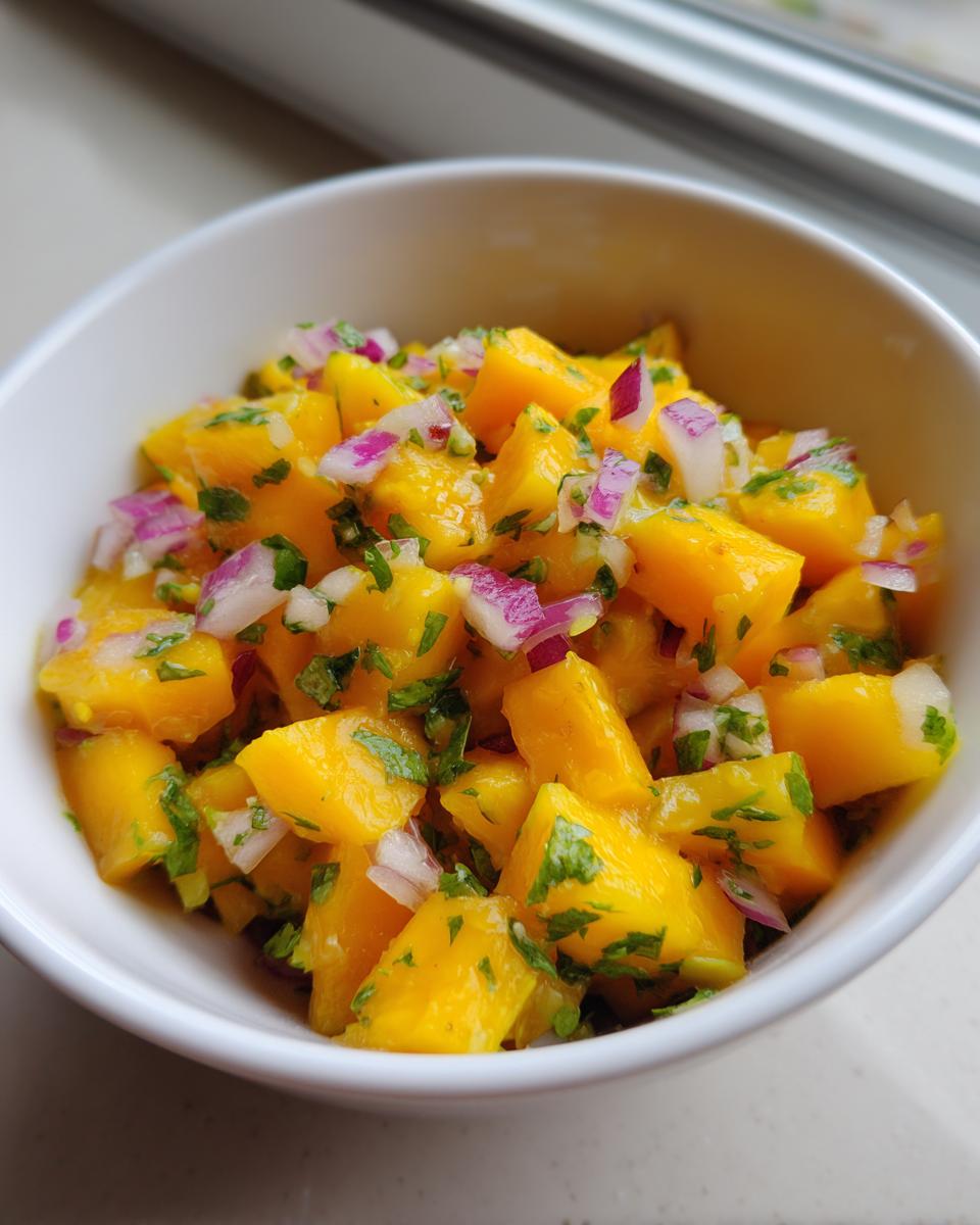 Close-up of vibrant, chunky Mango Salsa featuring diced yellow mango, red onion, and green herbs in a white bowl.
