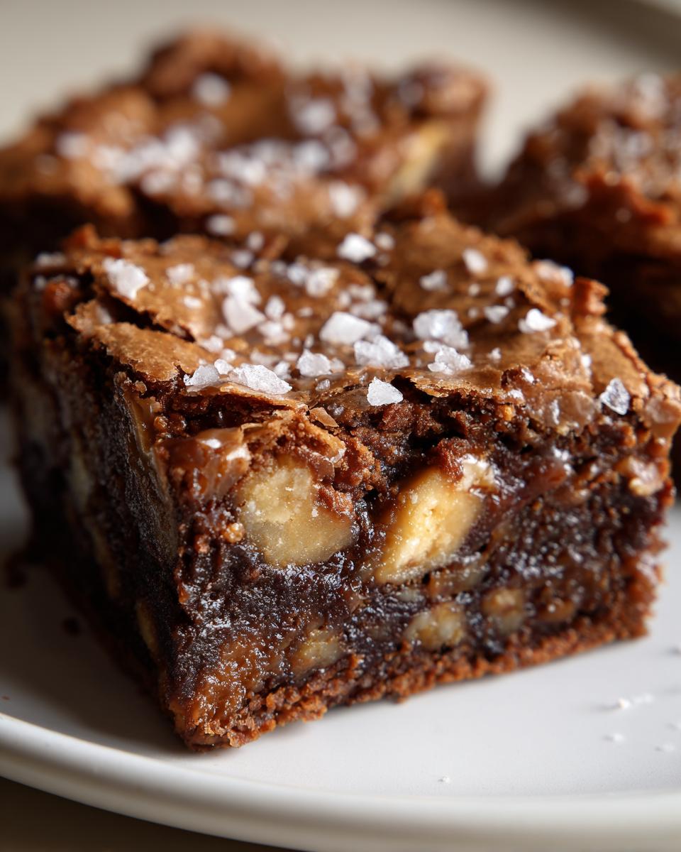 Close-up of a rich, fudgy brownie square topped with flaky sea salt, likely containing white chocolate blondies elements.