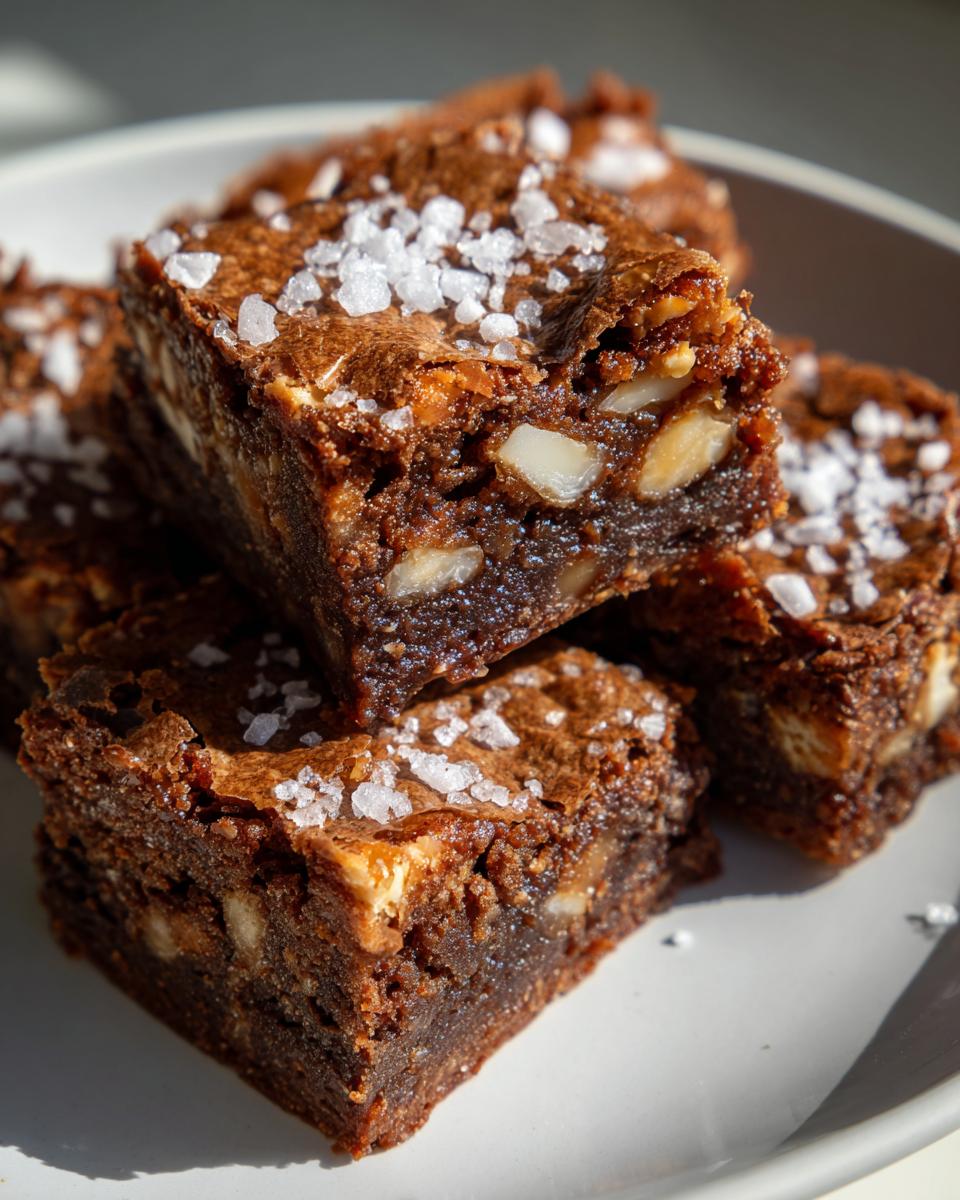 Close-up of fudgy chocolate brownies studded with nuts and topped with flaky sea salt.