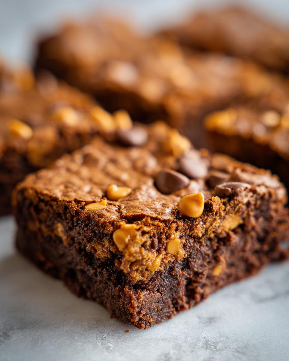A close-up, low-angle shot of a fudgy Butterscotch brownies square topped with chocolate and butterscotch chips.