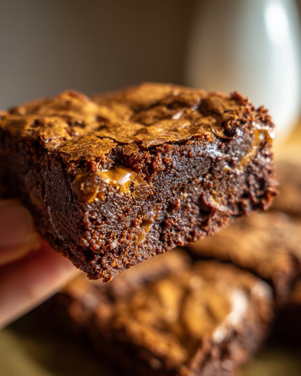 A hand holds up a thick, fudgy square of butterscotch brownies, showing the crackly top and melted butterscotch chips inside.