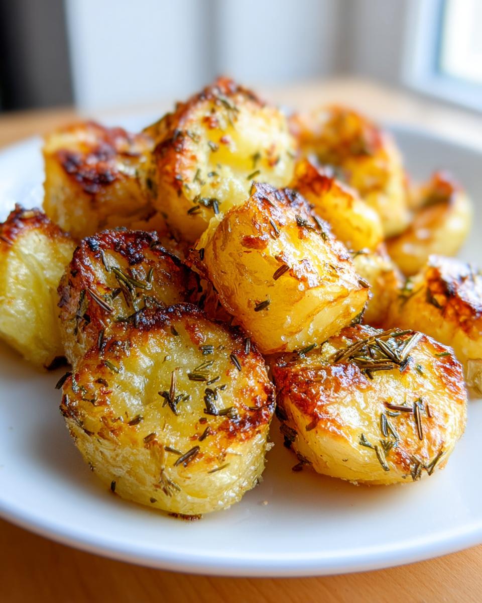 Close-up of golden brown, crispy Garlic roasted potatoes seasoned with rosemary on a white plate.