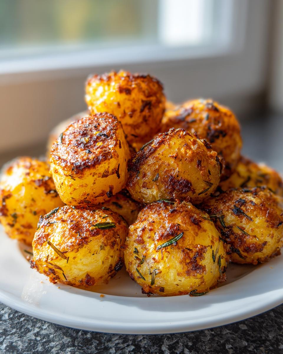 A close-up stack of golden brown, crispy Garlic roasted potatoes seasoned with herbs.