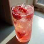 Close-up of a tall, sweating glass filled with bubbly strawberry lemonade, ice, and fresh strawberry slices.