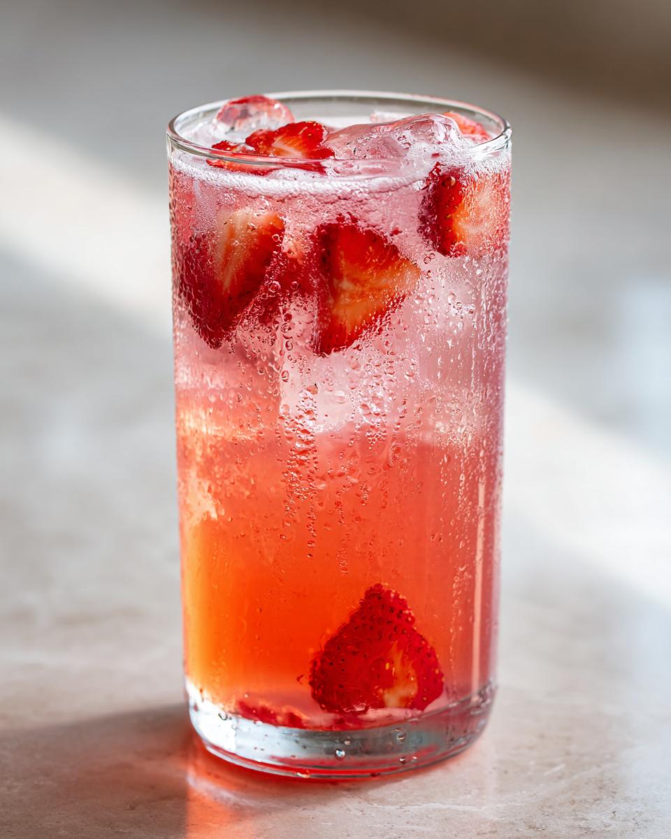 A tall, sweating glass filled with bright pink Strawberry Lemonade, ice cubes, and sliced fresh strawberries.