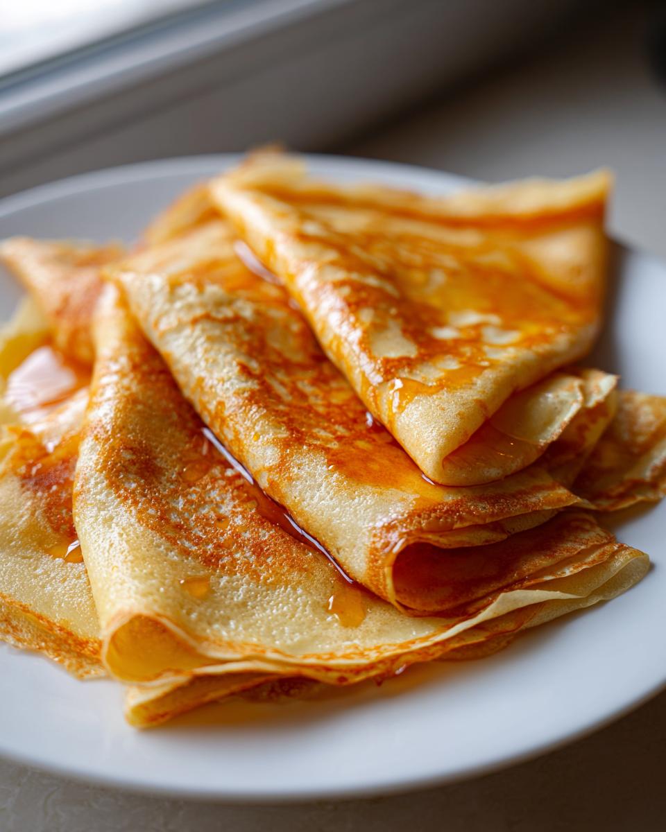 Close-up of folded Crepes Suzette drizzled generously with orange syrup on a white plate.