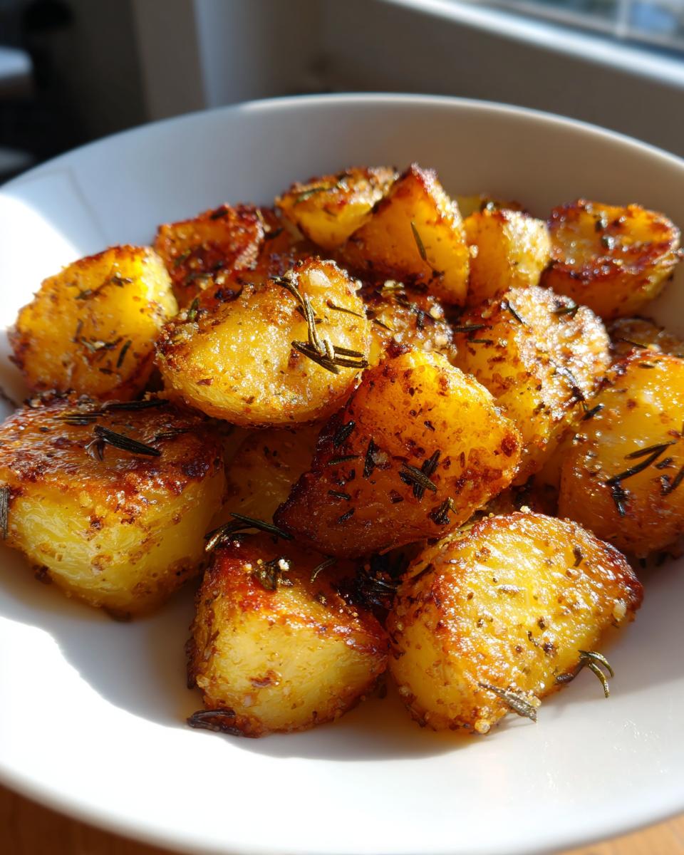 A close-up of golden, crispy garlic roasted potatoes seasoned with rosemary, served in a white bowl.
