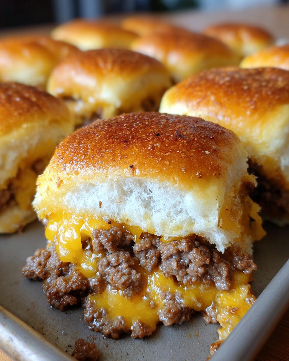Close-up of a single, delicious cheeseburger slider overflowing with ground beef and melted cheddar cheese on a toasted bun.
