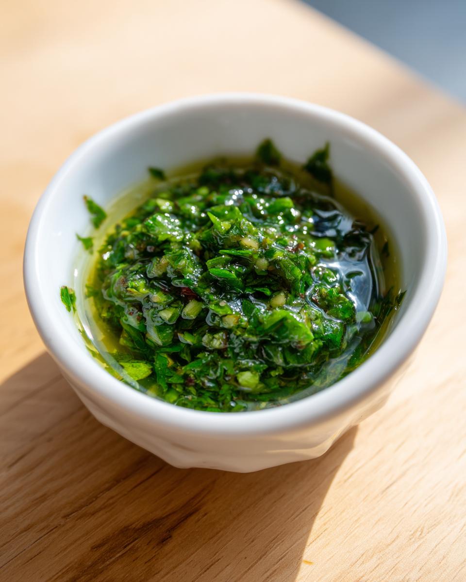 Close-up of vibrant green, chunky homemade mint sauce resting in a small white dipping bowl on a wooden surface.